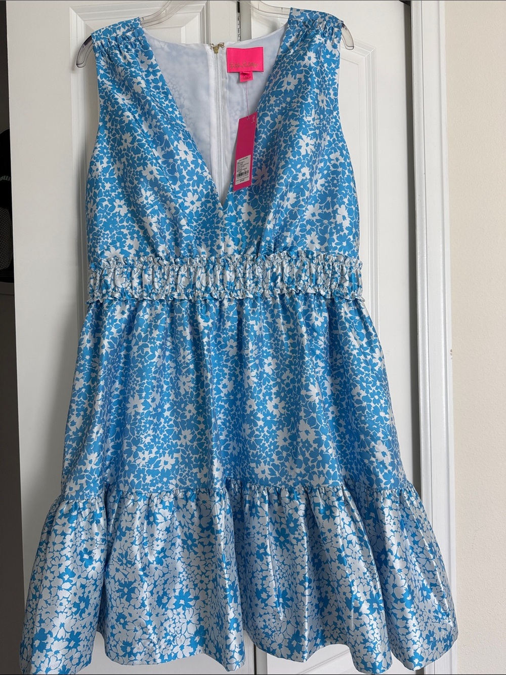 Lilly Pulitzer Blue and White Floral Ruffle Waist Dress